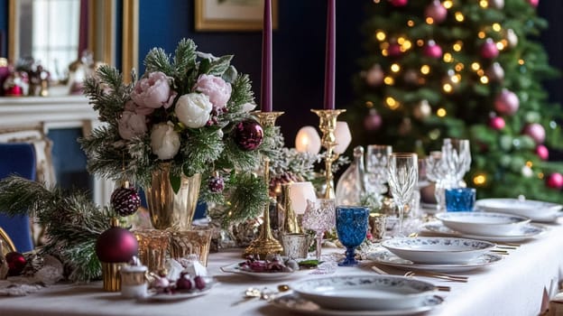 Christmas tablescape decoration, formal family dinner holiday celebration, luxury table setting decor, English country and home style idea