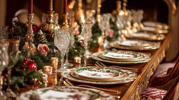 Christmas tablescape decoration, formal family dinner holiday celebration, luxury table setting decor, English country and home style idea