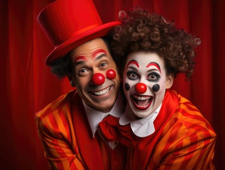 Two clowns smile brightly while wearing colorful costumes with clown makeup, showcasing their joyful expressions against a vibrant red backdrop, highlighting their playful camaraderie.