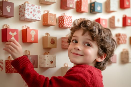 A boy find gifts in an advent calendar