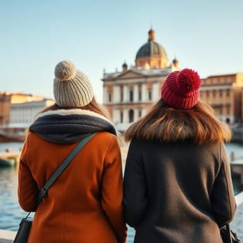 two girls friends in coats and hats travel, stand with their backs in Europe Rome Italy in winter. High quality photo