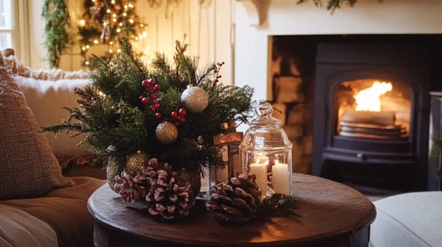 Christmas, holiday decor and country cottage style, cosy atmosphere, decorated Christmas tree in the English countryside house living room with fireplace, interior decoration idea