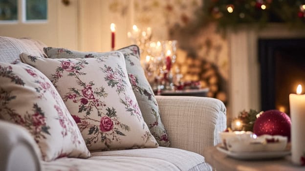 Christmas, holiday decor and country cottage style, cosy atmosphere, decorated Christmas tree in the English countryside house living room with fireplace, interior decoration idea