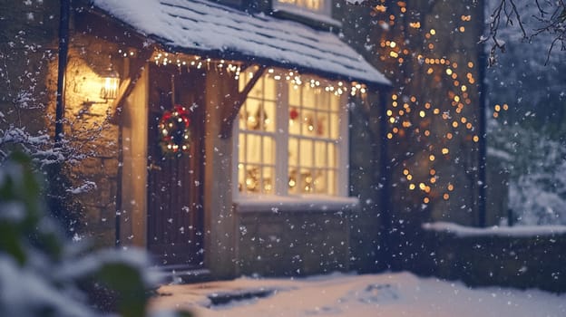 Christmas in the countryside, cottage decorated for holidays on a snowy winter evening with snow and holiday lights, English country styling inspiration
