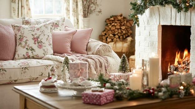 Christmas, holiday decor and country cottage style, cosy atmosphere, decorated Christmas tree in the English countryside house living room with fireplace, interior decoration idea