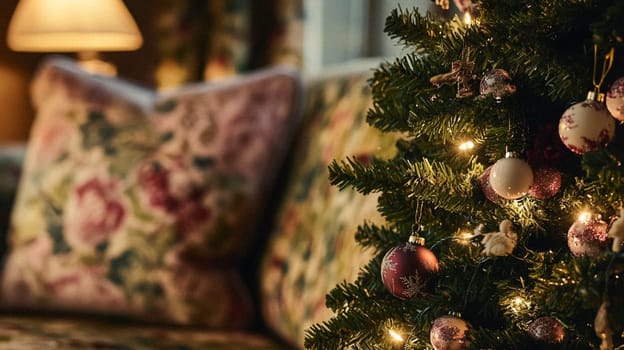 Christmas, holiday decor and country cottage style, cosy atmosphere, decorated Christmas tree in the English countryside house living room with fireplace, interior decoration idea