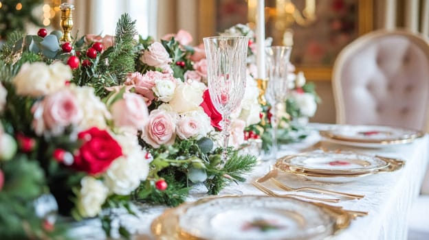 Christmas tablescape decoration, formal family dinner holiday celebration, luxury table setting decor, English country and home style idea