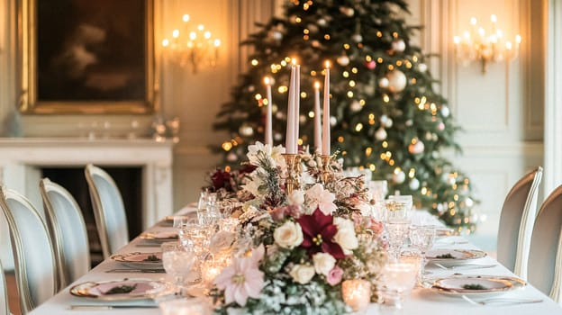 Christmas tablescape decoration, formal family dinner holiday celebration, luxury table setting decor, English country and home style idea