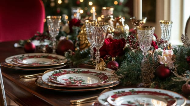 Christmas tablescape decoration, formal family dinner holiday celebration, luxury table setting decor, English country and home style idea