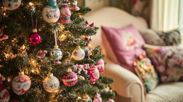 Christmas, holiday decor and country cottage style, cosy atmosphere, decorated Christmas tree in the English countryside house living room with fireplace, interior decoration idea
