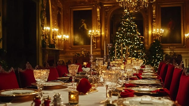 Christmas tablescape decoration, formal family dinner holiday celebration, luxury table setting decor, English country and home style idea