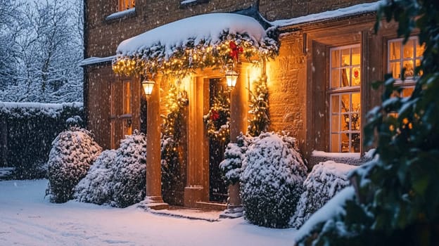 Christmas in the countryside, cottage decorated for holidays on a snowy winter evening with snow and holiday lights, English country styling inspiration