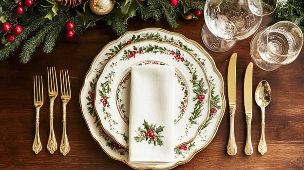Christmas tablescape decoration, formal family dinner holiday celebration, luxury table setting decor, English country and home style idea