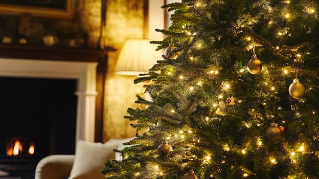 Christmas, holiday decor and country cottage style, cosy atmosphere, decorated Christmas tree in the English countryside house living room with fireplace, interior decoration idea