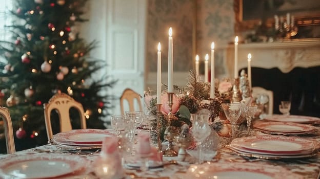 Christmas tablescape decoration, formal family dinner holiday celebration, luxury table setting decor, English country and home style idea