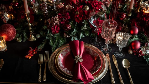 Christmas tablescape decoration, formal family dinner holiday celebration, luxury table setting decor, English country and home style idea