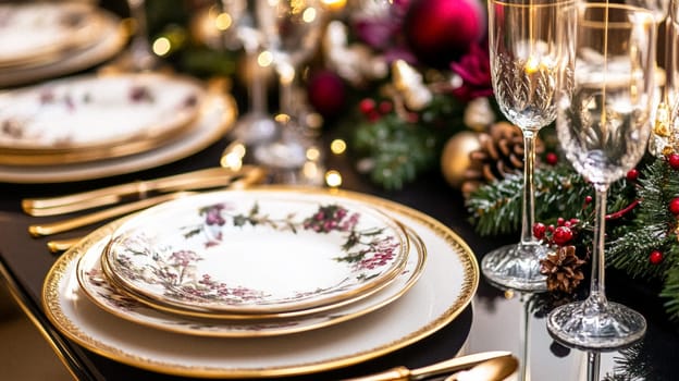 Christmas tablescape decoration, formal family dinner holiday celebration, luxury table setting decor, English country and home style idea