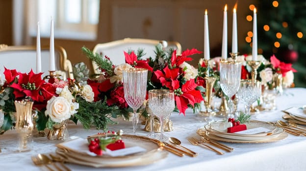 Christmas tablescape decoration, formal family dinner holiday celebration, luxury table setting decor, English country and home style idea