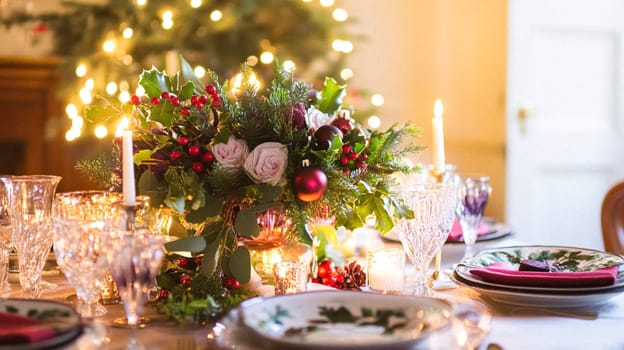 Christmas tablescape decoration, formal family dinner holiday celebration, luxury table setting decor, English country and home style idea