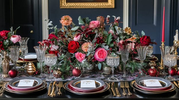 Christmas tablescape decoration, formal family dinner holiday celebration, luxury table setting decor, English country and home style idea