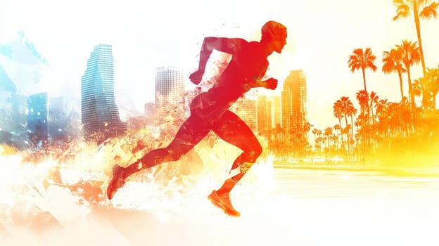 Abstract Male Runner Silhouette in Fiery Motion, Energetic Sunset Cityscape Background