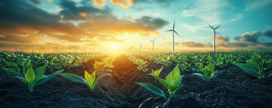 Sustainable Farming Green Shoots Thrive in Fertile Field Beneath Wind Turbines at Sunset.