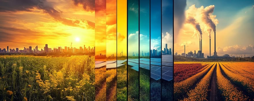 Pollution vs Renewable Energy, Solar panels versus industrial chimneys in Field landscape panorama