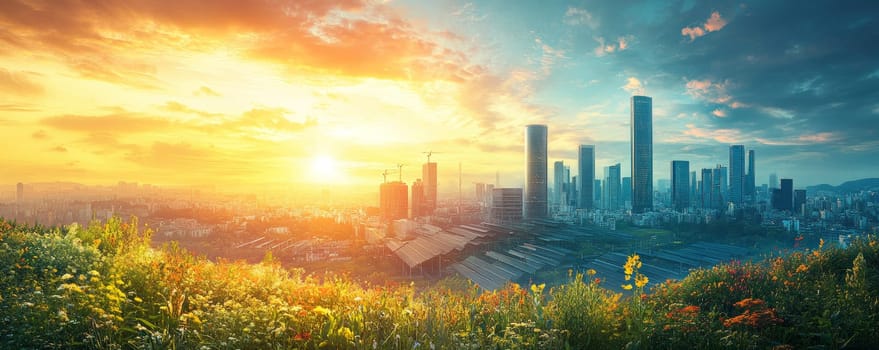 Golden Sunset Over a Modern City Skyline With Lush Green Grass and Vibrant Flowers in Foreground