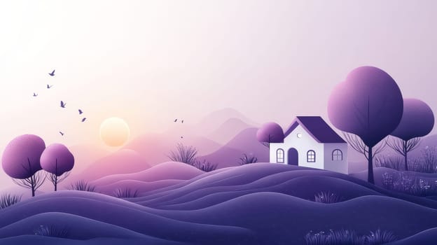 Minimalist Lilac Landscape, Tranquil Countryside with Cottage, Rolling Hills, Healthcare Concept