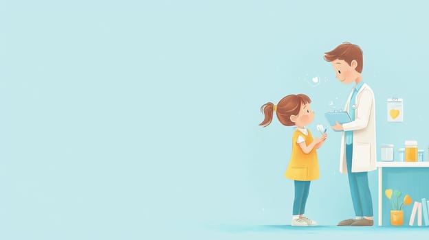 Caring Doctor Conducting Health Check-up on a Young Girl on Light Blue Background With Copy Space