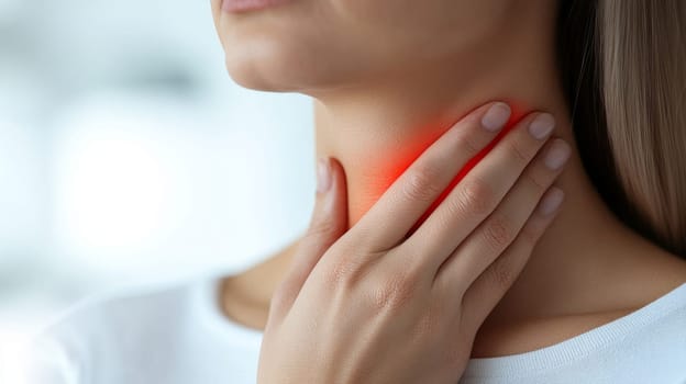 Close-up, Woman Holding Neck in Discomfort, Pain, Health Issue Concept, White Background