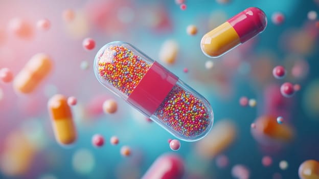Colorful capsules with microgranules, symbolizing health, wellness, and pharmaceutical innovation.