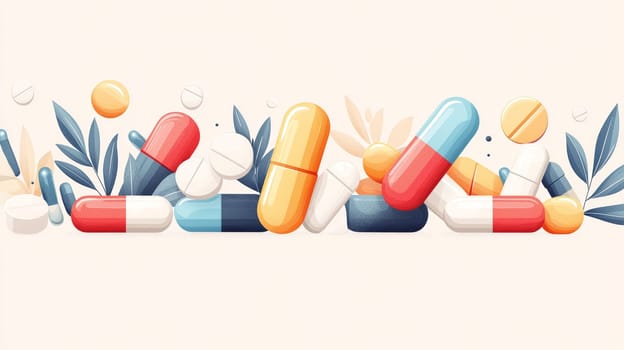 Health Supplements Banner Colorful Pills, Capsules, and Healthcare Elements on Beige Background