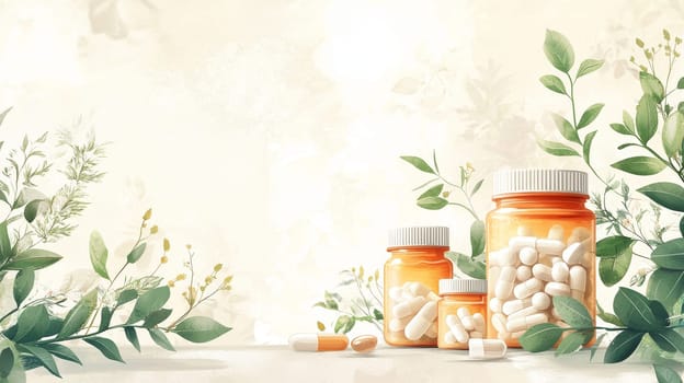 Herbal Supplements and Natural Healthcare Bottles of Pills with Botanical Elements on a Soft Beige