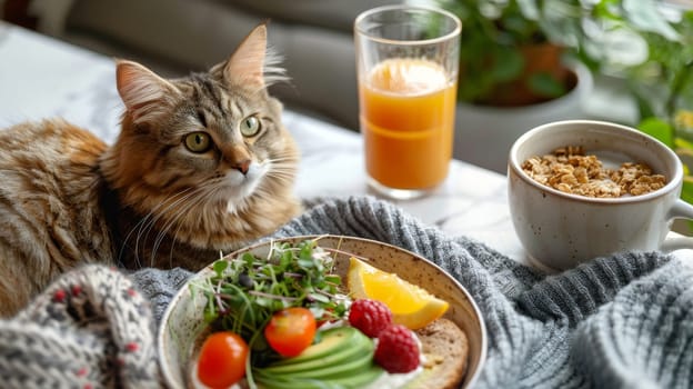 Curious Cat Observing Healthy Vegan Breakfast Spread on a Cozy Blanket, Domestic Life