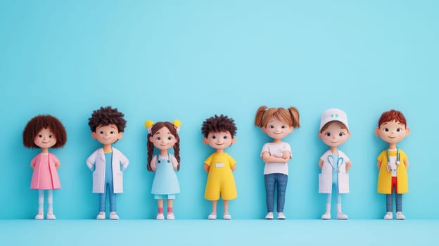 Diverse Group of Kids in Doctor and Patient Attire, Isolated on a Light Blue Background
