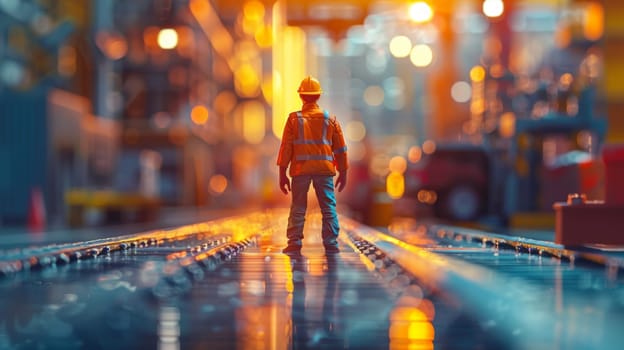 Construction Worker Overseeing Safety, Site Inspection, Industrial Setting, Blurred Background