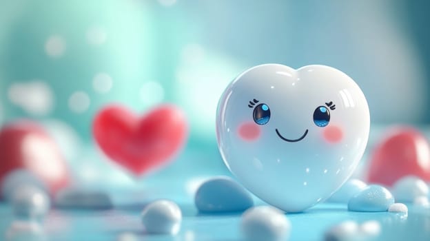 Smiling Heart Character and Blurred Hearts in Background Concept of Love, Care, Valentine s Day.