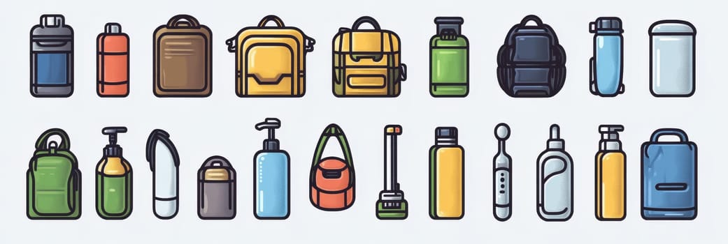 Collection of Colorful Travel Essentials Backpacks, Water Bottles, and Toiletries Isolated on White