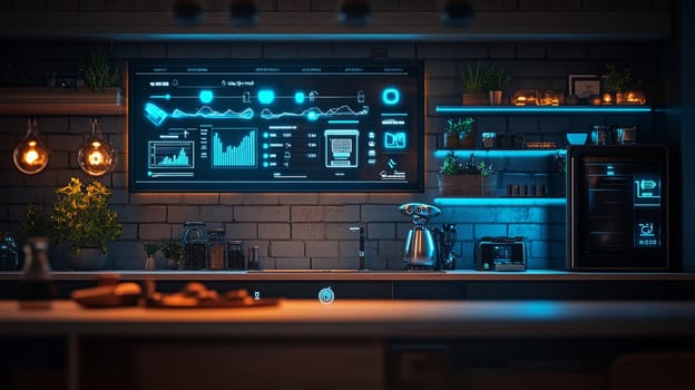 Futuristic Smart Home Kitchen with Investment Dashboard, Robotic Chef, and Smart Refrigerator