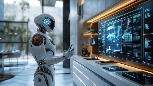 Modern Smart Home Automation with Robot Assistant, Futuristic Kitchen, and Investment Dashboard