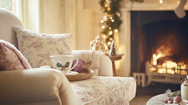 Christmas, holiday decor and country cottage style, cosy atmosphere, decorated Christmas tree in the English countryside house living room with fireplace, interior decoration idea