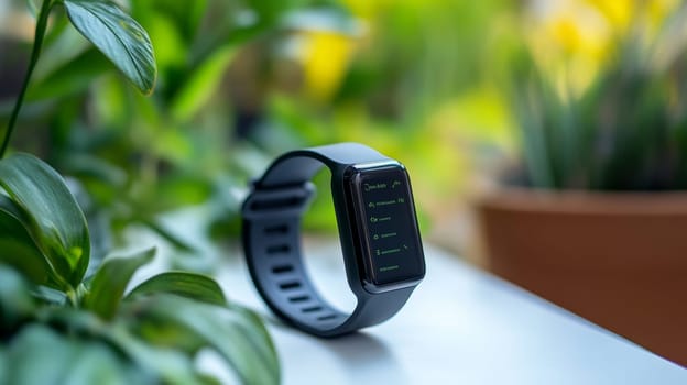 Black Fitness Tracker on White Surface, Green Plant Background Health, Wellness Technology Concept.