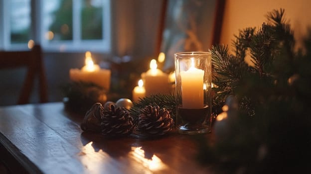 Christmas, holiday decor and country cottage style, cosy atmosphere, decorated Christmas tree in the English countryside house living room with fireplace, interior decoration idea