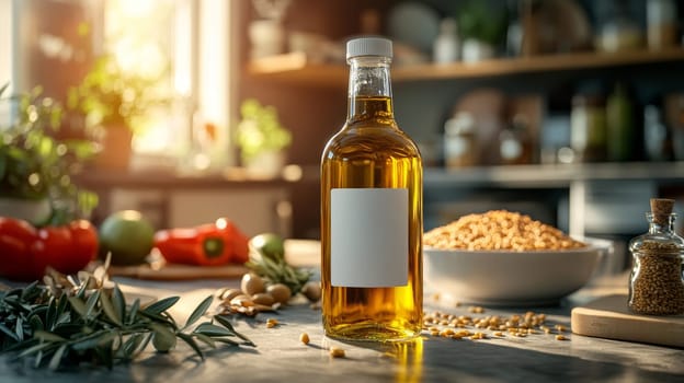Healthy Cooking Oil. Bottle Mockup in a Kitchen Setting with Fresh Ingredients for a Delicious Meal