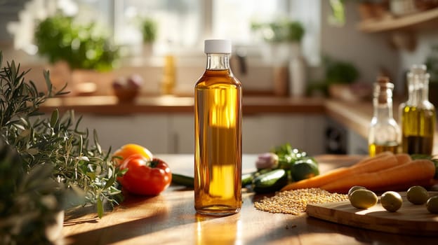 Golden Cooking Oil in Sleek Bottle on Kitchen Counter with Fresh Vegetables and Grains