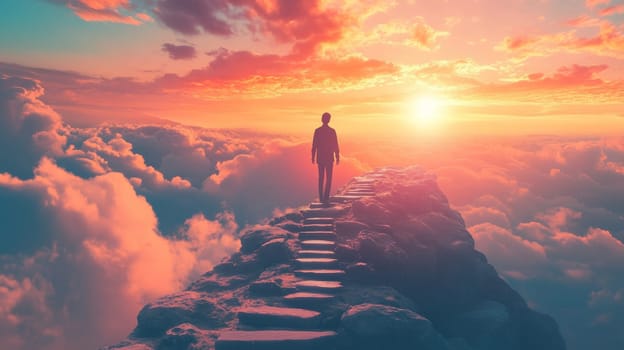 Stairway to Paradise. Walking Above Clouds. Success, Achievement, and Ambition Concept.