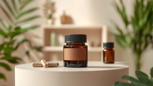 Health Supplements in Amber Jars on a Minimalist Round Table with a Neutral, Natural Background