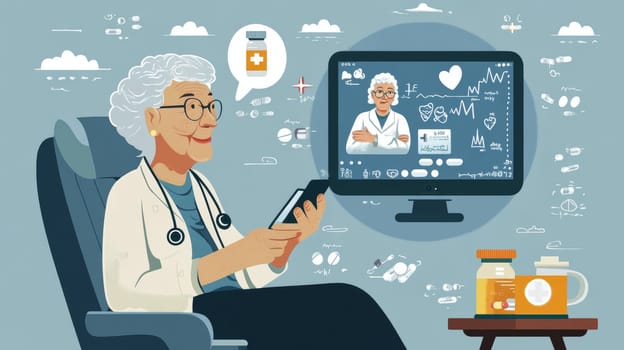 Senior Female Doctor Consulting Patient via Telemedicine, Providing Healthcare from Home Office.