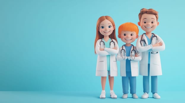 Three Young Children Dressed as Doctors Smiling on a Light Blue Background. Perfect for Healthcare.